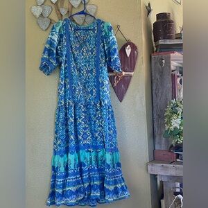 Blue Boho Maxi -Women's Dress embroidery ruffles and vneck length 50 PTP 18